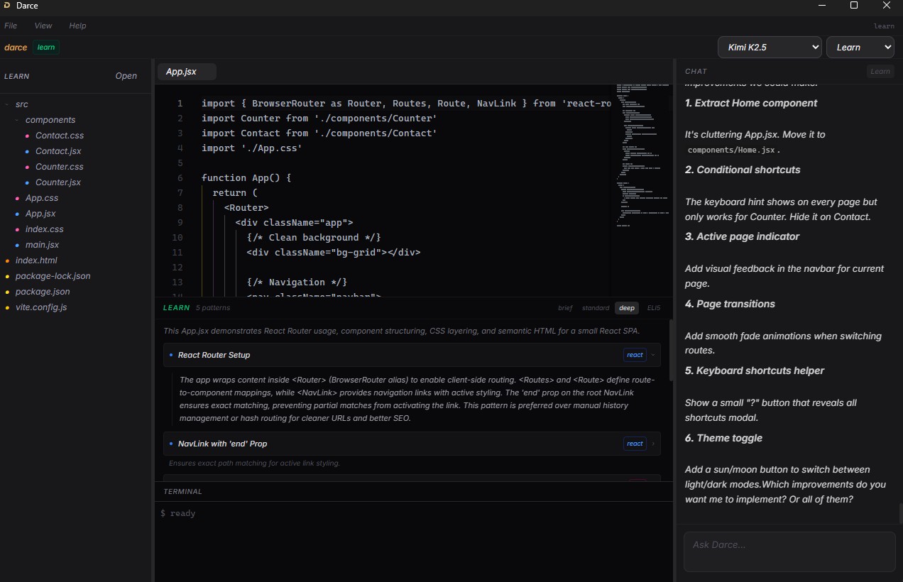 Darce IDE showing the Learn mode with AI-generated code explanations and concept breakdowns